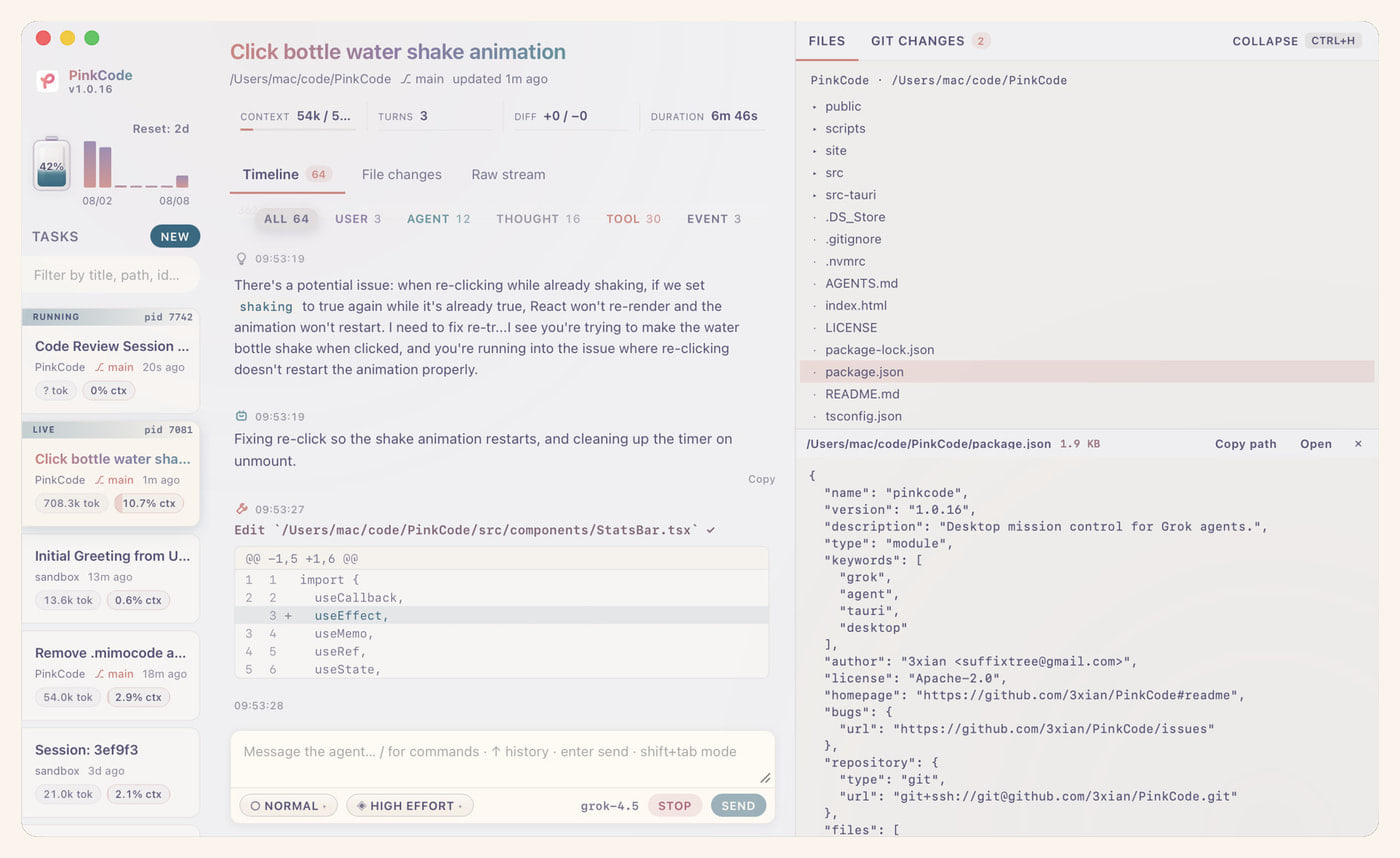 PinkCode showing parallel tasks, filtered live timeline, usage meter, and workspace files