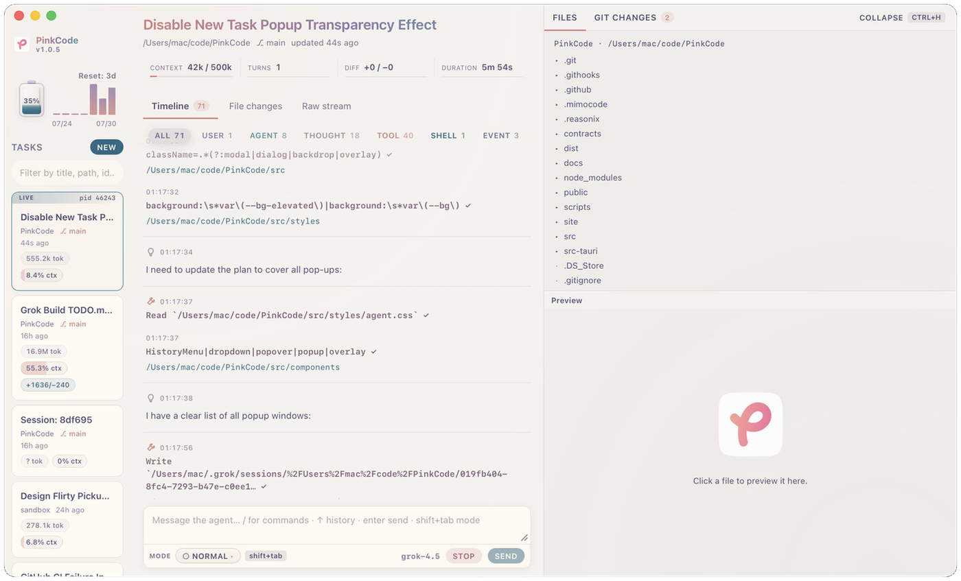 PinkCode showing parallel tasks, filtered live timeline, usage meter, and workspace files