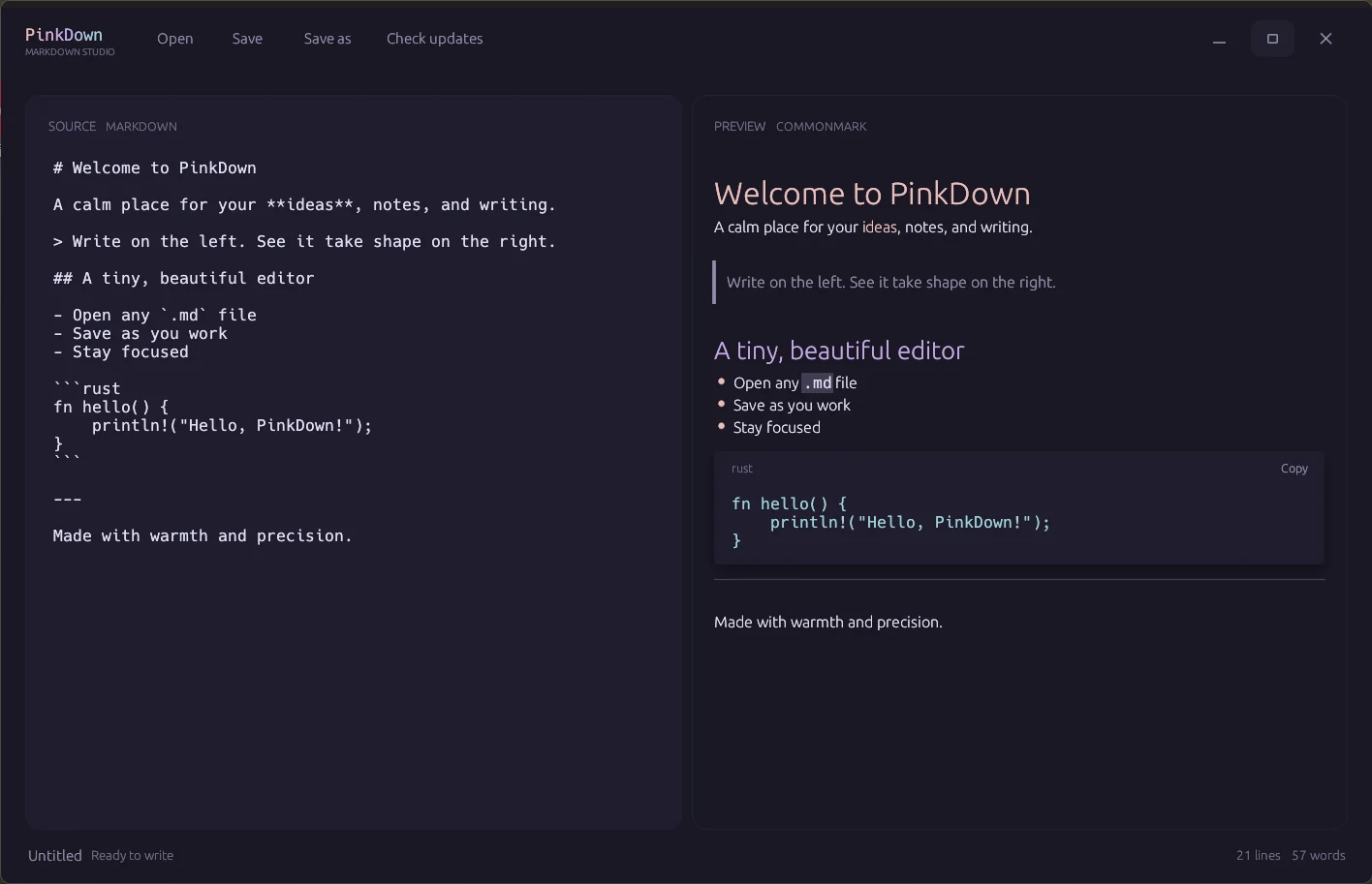 PinkDown showing Markdown source beside a rendered live preview